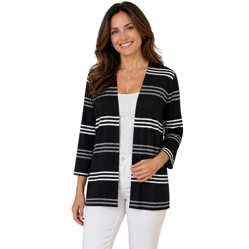 J. Jill Wearever Striped Open Front Cardigan Black White 3/4 Sleeve Large